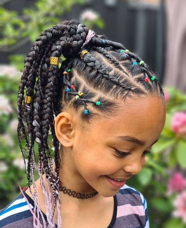 Kids feed-In stitch braids, two feed in braids, small feed in braids ponytail, 6 feed in braids with box braids