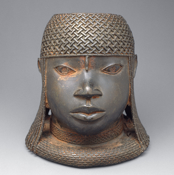 Bronze head, kingdom of Benin, Nigeria,  high, early 16th century. Oba and King.
Metropolitan Museum of Art, New York. Black hair media.