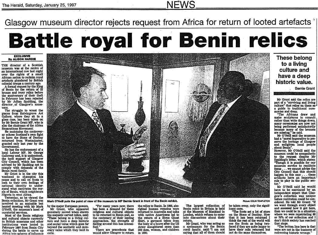 Black hair media Benin Relics looted by British - newspaper clip